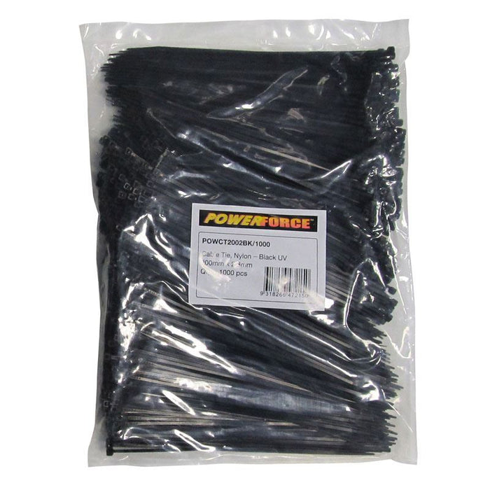 POWERFORCE 2.8 x 200mm Black UV Cable Ties Pack of 1000 8kgs Tensile Strength