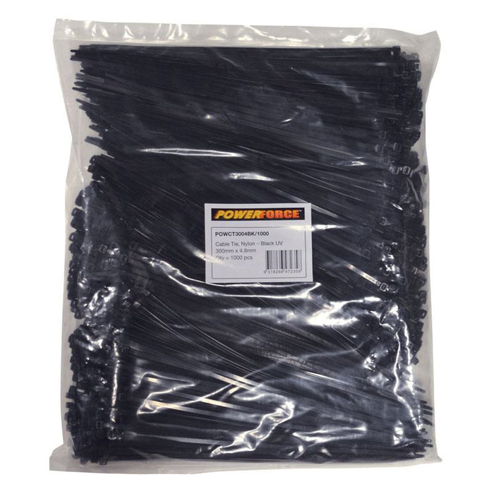 POWERFORCE 4.8 x 300mm Black UV Cable Ties Pack of 1000 22kgs Tensile Strength