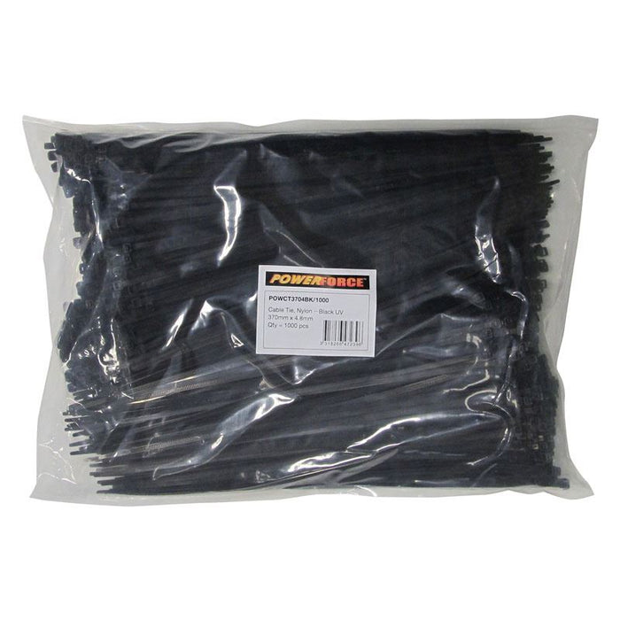 POWERFORCE 4.8 x 370mm Black UV Cable Ties Pack of 1000 22kgs Tensile Strength