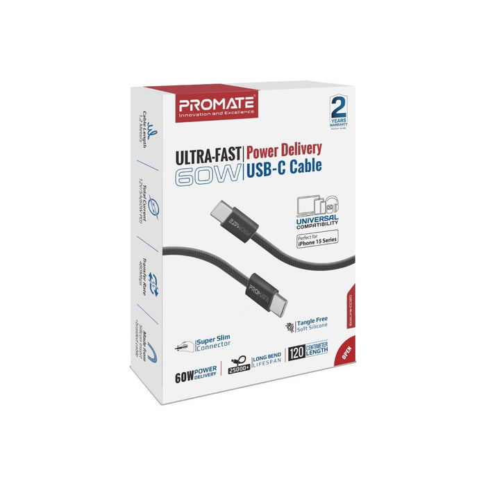 PROMATE 1.2m USB-C to USB-C Cable with Fabric Braided Cable. Supports 60W PD. 25