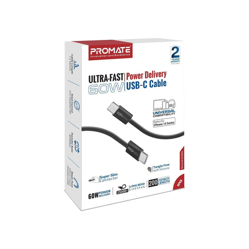 PROMATE 2m USB-C to USB-C Cable with Fabric Braided Cable. Supports 60W PD. 2500 - LX2001 - Homewares, Outdoor, Phone Accessories, Cases, Speakers, Headphones + More -