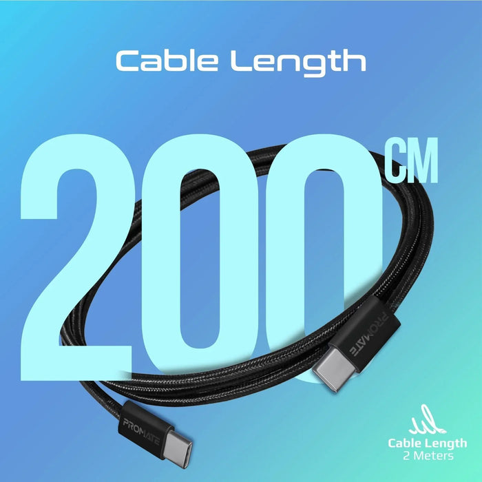 PROMATE 2m USB-C to USB-C Cable with Fabric Braided Cable. Supports 60W PD. 2500 - LX2001 - Homewares, Outdoor, Phone Accessories, Cases, Speakers, Headphones + More -