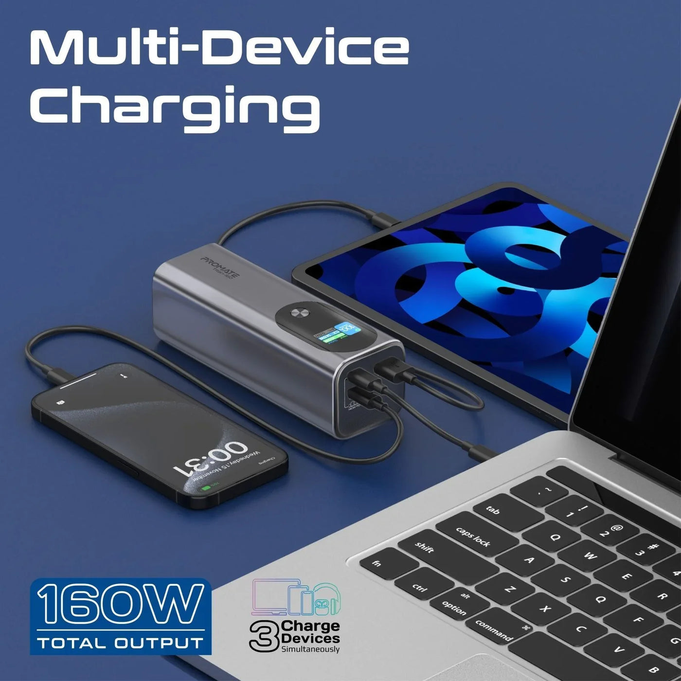 PROMATE 27600mAh 160W Ultra Compact Aluminium PD3.1 Power Bank with LC ...