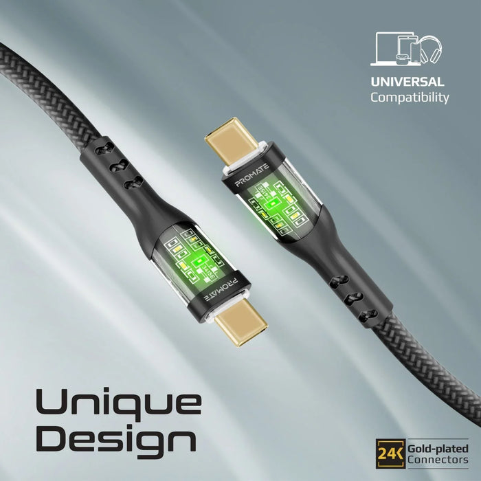 PROMATE 2m USB-C to USB-C Cable with Transparent Connectors & LED''s Supports 60 - LX2001 - Homewares, Outdoor, Phone Accessories, Cases, Speakers, Headphones + More -