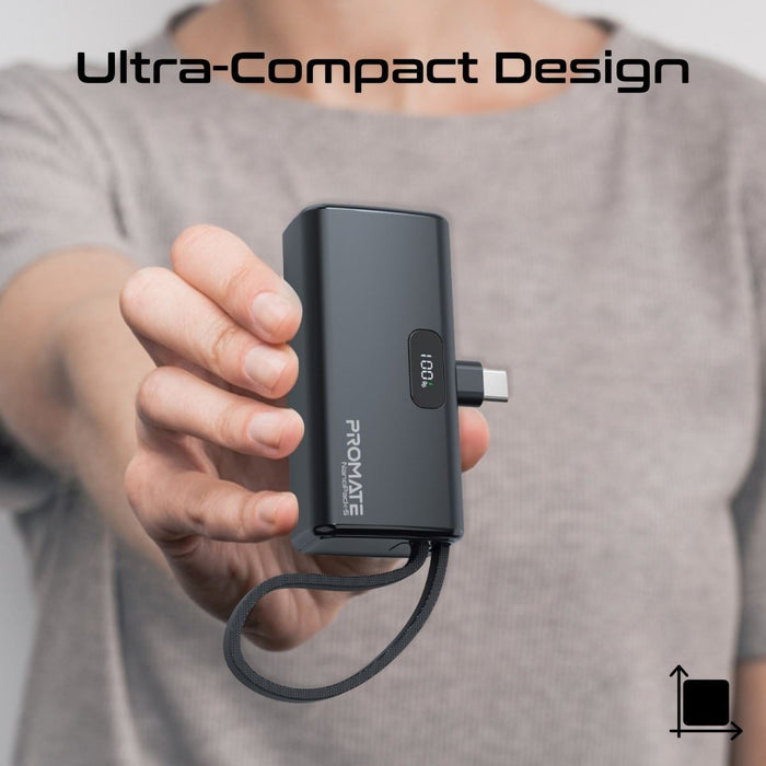 PROMATE 5000mAh Pocket-sized Fast Charging Power Bank with Foldable USB-C Connec