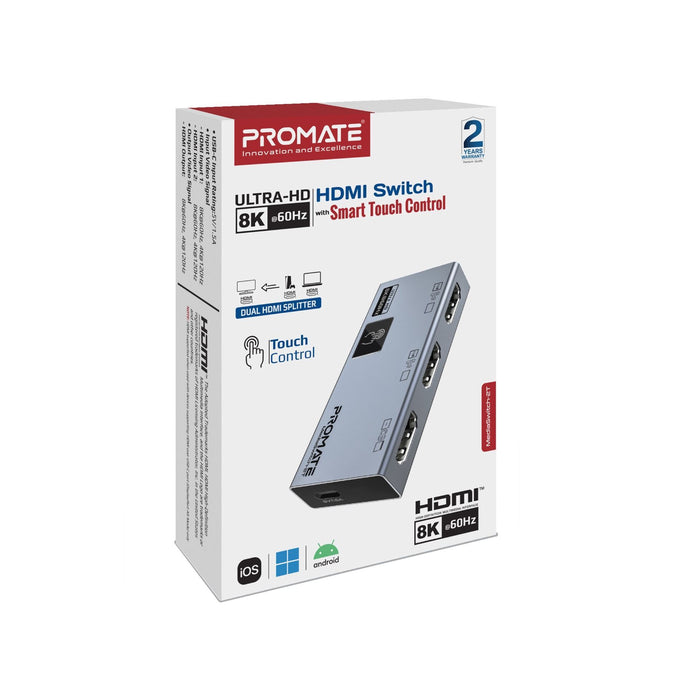 PROMATE HDMI Switch with Smart Touch Control. Include 2x HDMI Output Ports. 1x H
