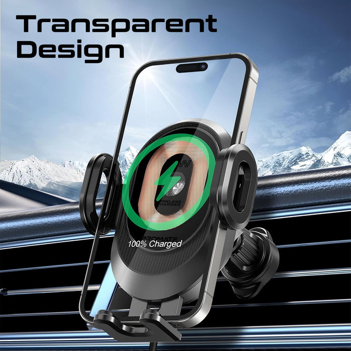 Promate 15W Transparent Auto Clamping Wireless Charging Car Mount. Takes 4.7-6.7'' Devices