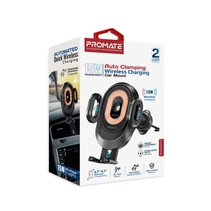 Promate 15W Transparent Auto Clamping Wireless Charging Car Mount. Takes 4.7-6.7'' Devices