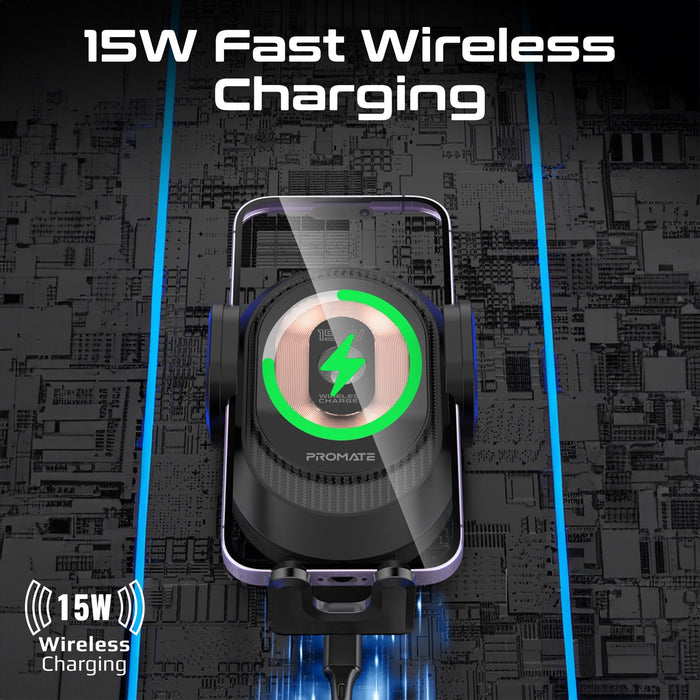 Promate 15W Transparent Auto Clamping Wireless Charging Car Mount. Takes 4.7-6.7'' Devices