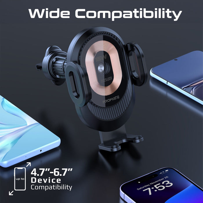 Promate 15W Transparent Auto Clamping Wireless Charging Car Mount. Takes 4.7-6.7'' Devices