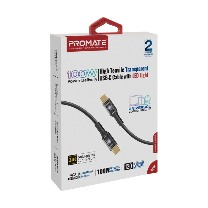 PROMATE 1.2m USB-C to USB-C Ultra-Fast 100W PD Cable with Transparent Connectors - LX2001 - Homewares, Outdoor, Phone Accessories, Cases, Speakers, Headphones + More -