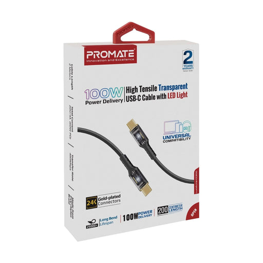 PROMATE 2m USB-C to USB-C Ultra-Fast 100W PD Cable with Transparent Connectors. - LX2001 - Homewares, Outdoor, Phone Accessories, Cases, Speakers, Headphones + More -