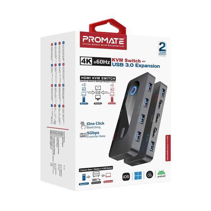 PROMATE KVM Switch with 4x USB-A 3.0 5Gbps Outputs & 4x HDMI UHD 4K@60Hz Ports. - LX2001 - Homewares, Outdoor, Phone Accessories, Cases, Speakers, Headphones + More -