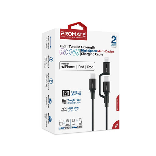PROMATE 1.2m 60w MFi Certified 2-in-1 USB-C Sync & Charge Cable. Includes 1x USB - LX2001 - Homewares, Outdoor, Phone Accessories, Cases, Speakers, Headphones + More -