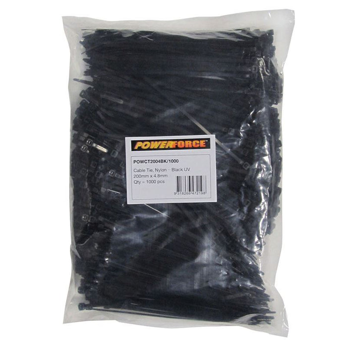 POWERFORCE 4.8 x 200mm Black UV Cable Ties Pack of 1000 22kgs Tensile Strength