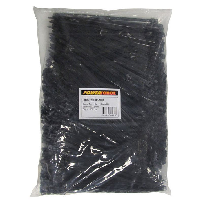 POWERFORCE 7.6 x 280mm Black UV Cable Ties Pack of 1000 55kgs Tensile Strength