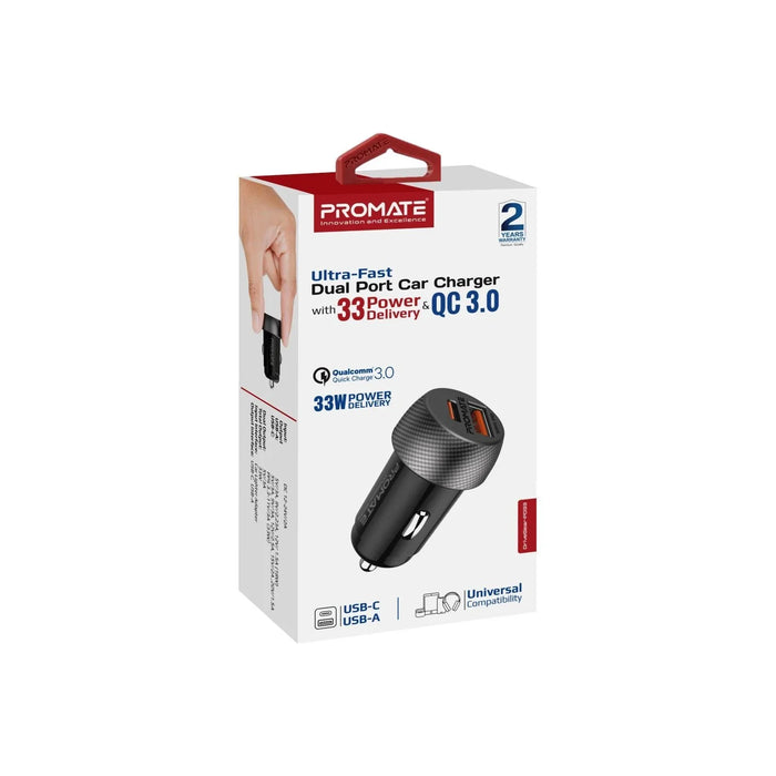 PROMATE 33W Ultra-Fast Dual Port Compact In-Car Phone Charger. 1x 18W QC 3.0 USB - LX2001 - Homewares, Outdoor, Phone Accessories, Cases, Speakers, Headphones + More -