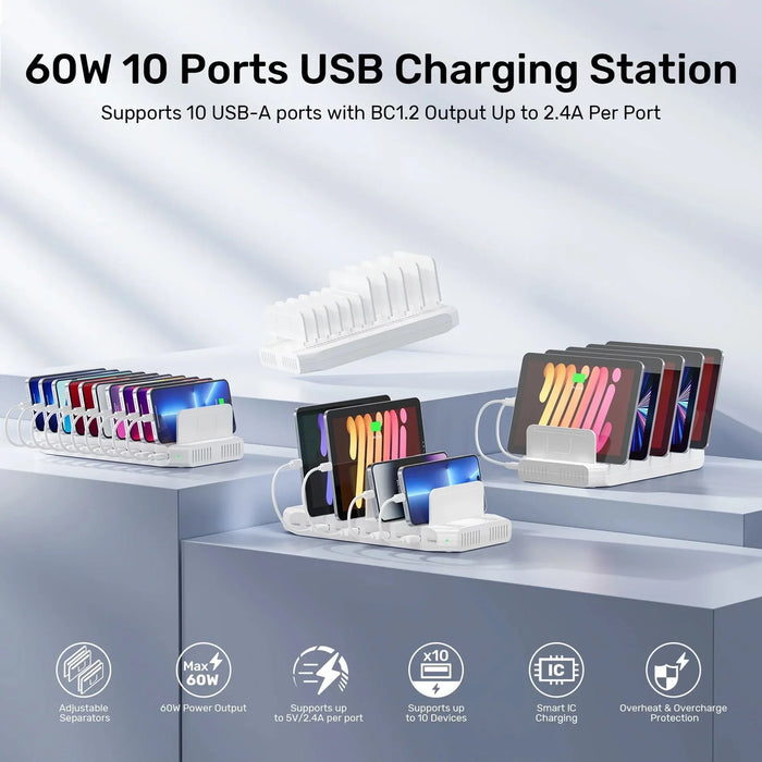 UNITEK 10-Port 60W Smart Charging Station with 10x 2.4A USB-A Ports. Power: 60W. - LX2001 - Homewares, Outdoor, Phone Accessories, Cases, Speakers, Headphones + More -