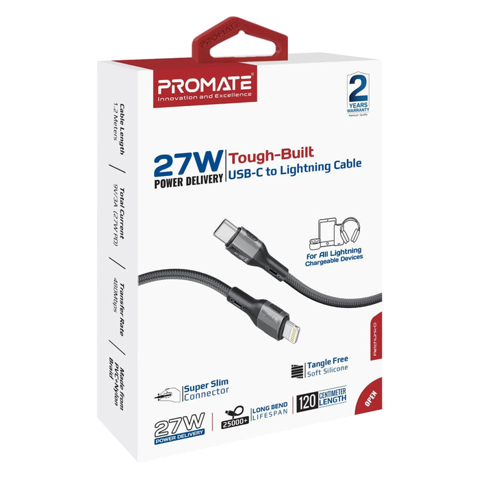 PROMATE 1.2m 27W PD USB-C to Lightning Tough-Built Cable. Supports up to 480Mbps - LX2001 - Homewares, Outdoor, Phone Accessories, Cases, Speakers, Headphones + More -