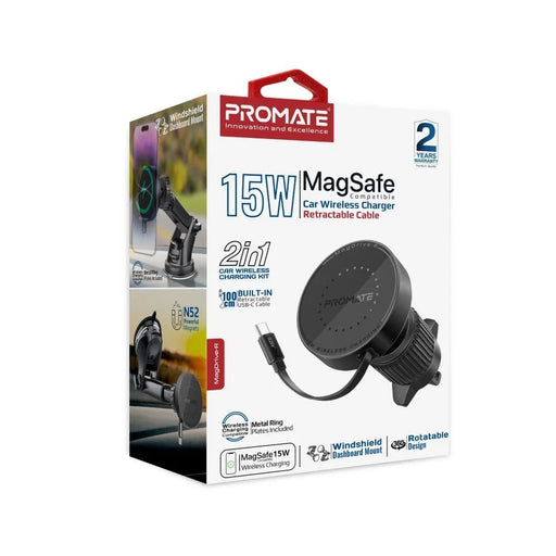 PROMATE 15W MagSafe Compatible Incar Phone Wireless Charger with Retractable 1m - LX2001 - Homewares, Outdoor, Phone Accessories, Cases, Speakers, Headphones + More -