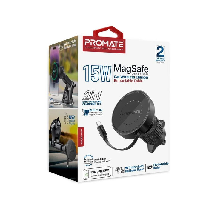 PROMATE 15W MagSafe Compatible Incar Phone Wireless Charger with Retractable 1m - LX2001 - Homewares, Outdoor, Phone Accessories, Cases, Speakers, Headphones + More -