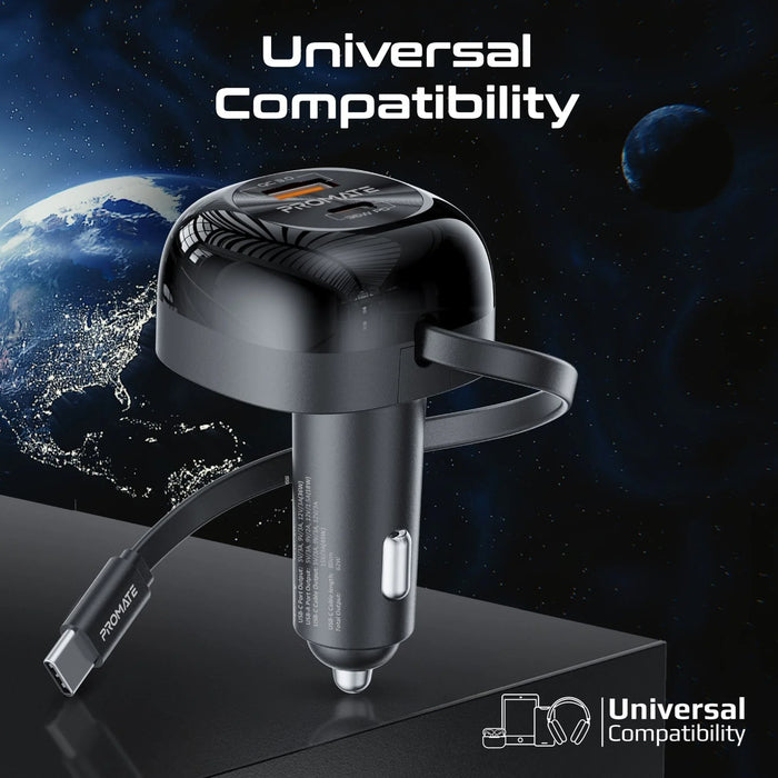 PROMATE 62W PD In-Car Phone Charger with Retractable 80cm USB-C Cable. 45W PD US - LX2001 - Homewares, Outdoor, Phone Accessories, Cases, Speakers, Headphones + More -
