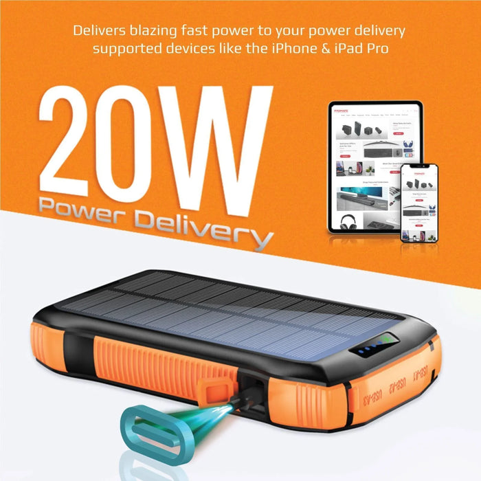 PROMATE 20000mAh Rugged EcoLight Solar IP65 Power Bank with 10W Wireless Qi Char - LX2001 - Homewares, Outdoor, Phone Accessories, Cases, Speakers, Headphones + More -