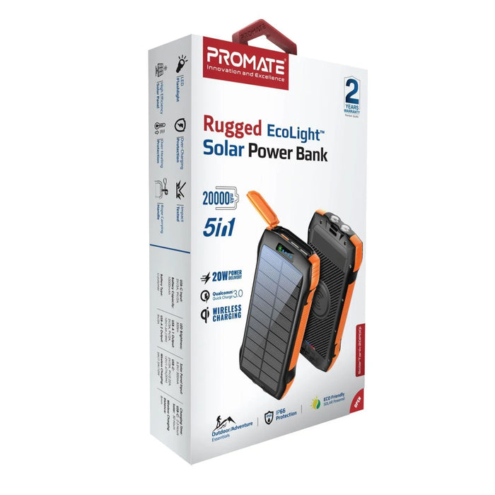 PROMATE 20000mAh Rugged EcoLight Solar IP65 Power Bank with 10W Wireless Qi Char - LX2001 - Homewares, Outdoor, Phone Accessories, Cases, Speakers, Headphones + More -