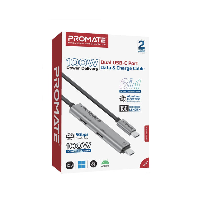 PROMATE 1.5m 100W USB-C to USB-C Dual USB-C Port Data & Charge Cable. Supports u - LX2001 - Homewares, Outdoor, Phone Accessories, Cases, Speakers, Headphones + More -