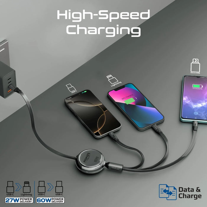 PROMATE 1.1m 3in1 Ultra-Fast USB-C Retractable Multi-Connector Cable. Supports 6 - LX2001 - Homewares, Outdoor, Phone Accessories, Cases, Speakers, Headphones + More -