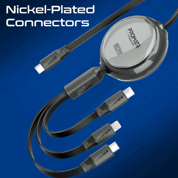 PROMATE 1.1m 3in1 Ultra-Fast USB-C Retractable Multi-Connector Cable. Supports 6 - LX2001 - Homewares, Outdoor, Phone Accessories, Cases, Speakers, Headphones + More -