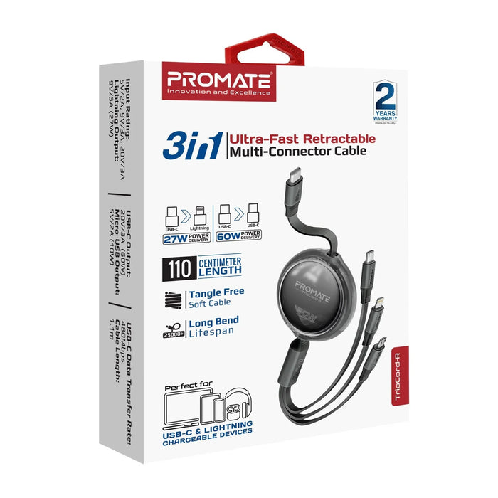 PROMATE 1.1m 3in1 Ultra-Fast USB-C Retractable Multi-Connector Cable. Supports 6 - LX2001 - Homewares, Outdoor, Phone Accessories, Cases, Speakers, Headphones + More -