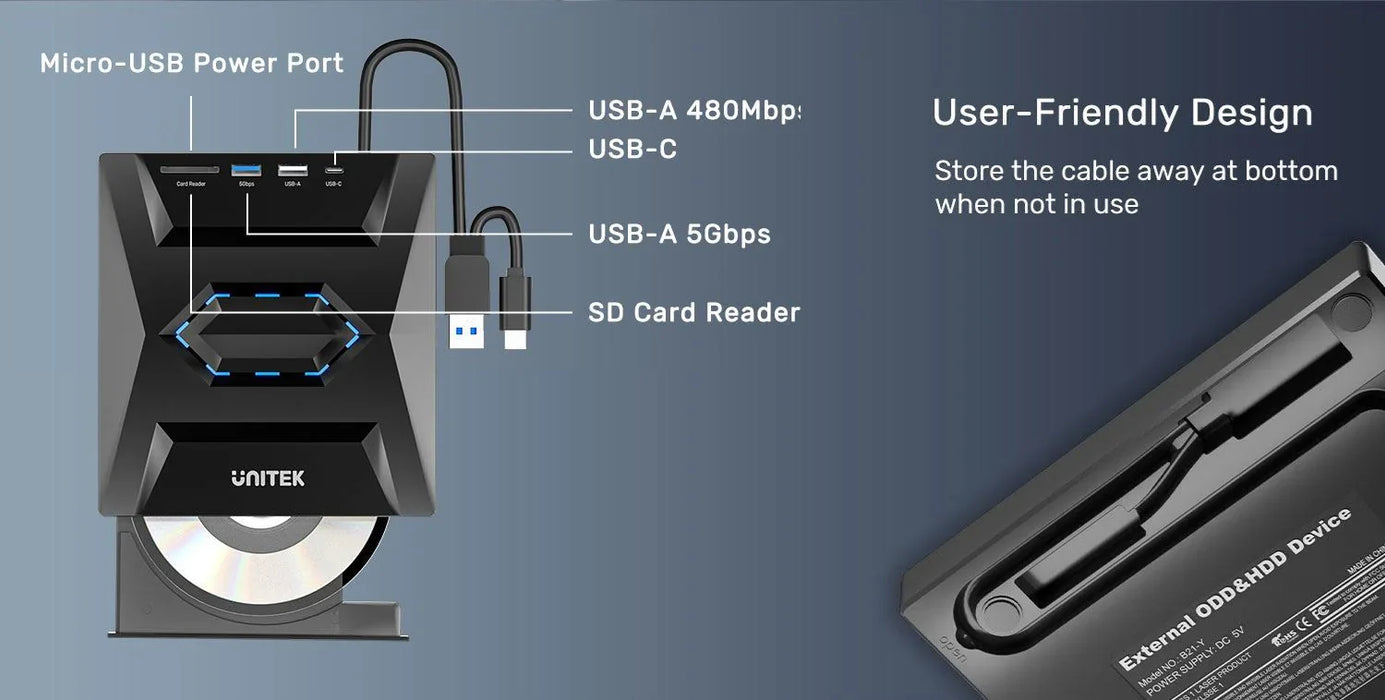 UNITEK 5-in-1 External Optical Drive with USB Hub. High-Speed Writing & Reading; - LX2001 - Homewares, Outdoor, Phone Accessories, Cases, Speakers, Headphones + More -