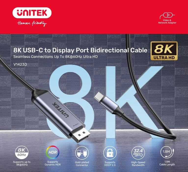 UNITEK 1.8m 8K USB-C DisplayPort 1.4 Cable in Aluminium Housing. Supports Res up - LX2001 - Homewares, Outdoor, Phone Accessories, Cases, Speakers, Headphones + More -