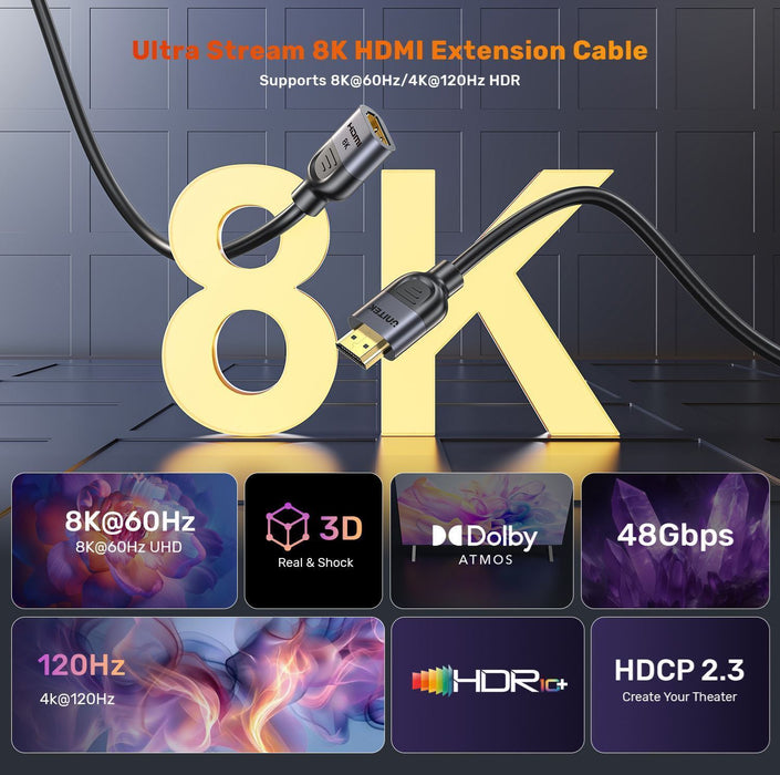 Unitek 0.5m 8K HDMI Extension Cable Supports 8K@60Hz/4K@120Hz HDR Built to Last Gold-plated