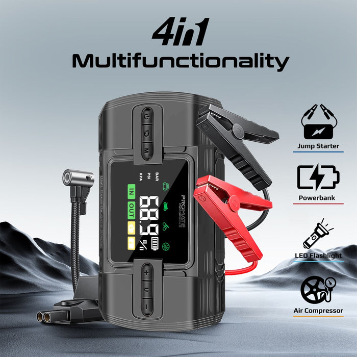 Promate 4-in-1 1200A/12V Heavy Duty Car Jump Starter Air Compressor 12000mAh Power Bank 150PSi