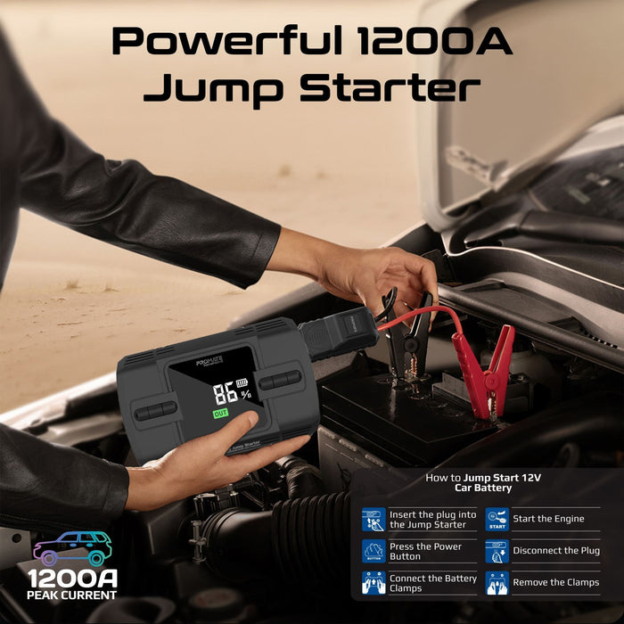 Promate 4-in-1 1200A/12V Heavy Duty Car Jump Starter Air Compressor 12000mAh Power Bank 150PSi