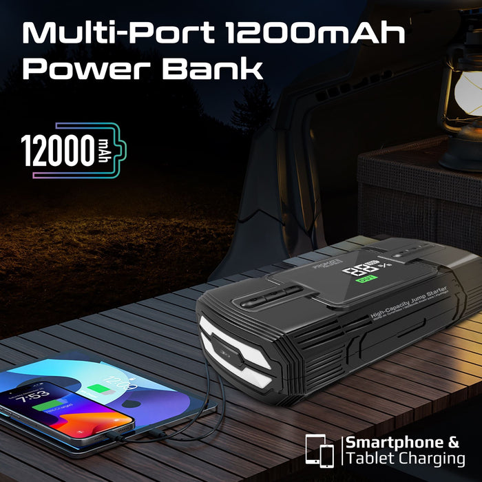 Promate 4-in-1 1200A/12V Heavy Duty Car Jump Starter Air Compressor 12000mAh Power Bank 150PSi