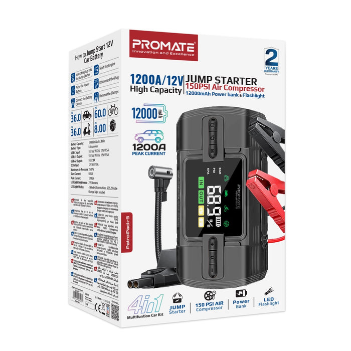 Promate 4-in-1 1200A/12V Heavy Duty Car Jump Starter Air Compressor 12000mAh Power Bank 150PSi