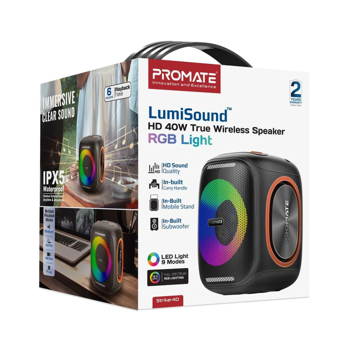 PROMATE 40W Portable BT Speaker with Dynamic RBG Lights. Up to 6 Hours Playback; - LX2001 - Homewares, Outdoor, Phone Accessories, Cases, Speakers, Headphones + More -