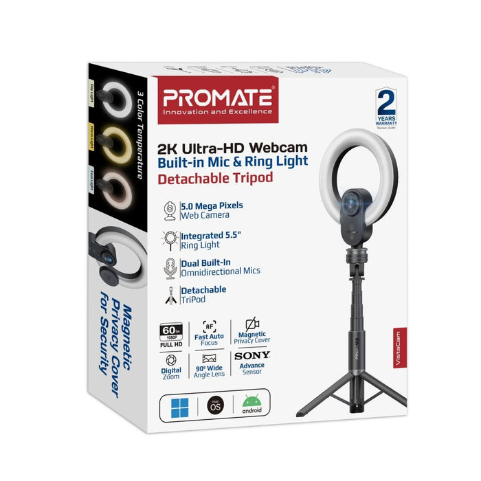 PROMATE 2K 5MP UHD Webcam with Built-in Microphone, Ring Light & Detachable Trip - LX2001 - Homewares, Outdoor, Phone Accessories, Cases, Speakers, Headphones + More -