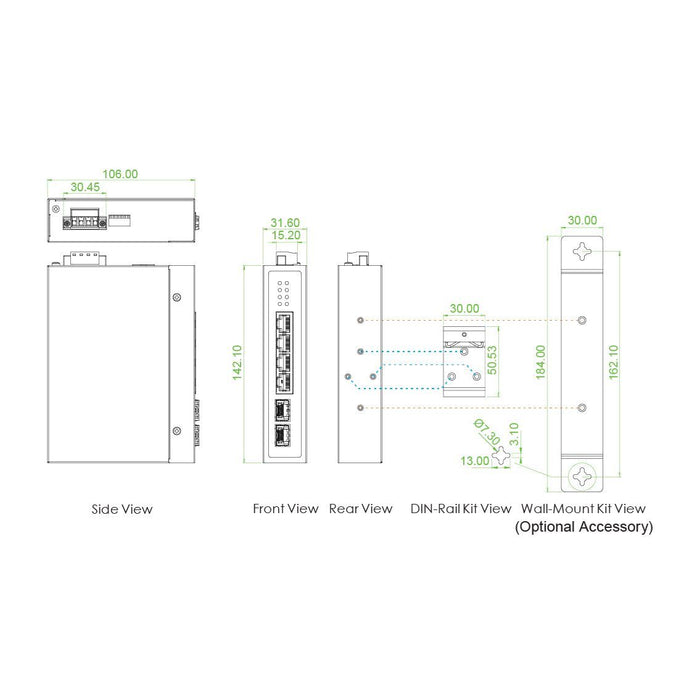 CTC Union 4 Port Gigabit Unmanaged Compact Switch. -10C +60C. 4x 10/100/1000Base-T plus 2x