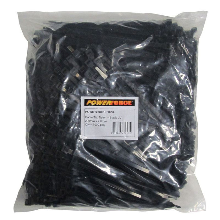 POWERFORCE 7.6 x 200mm Black UV Cable Ties Pack of 1000 55kgs Tensile Strength