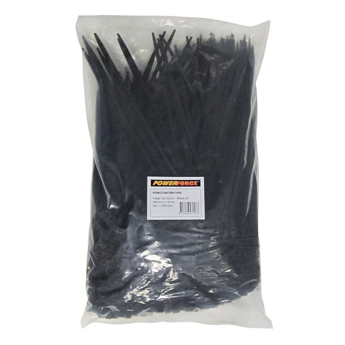 POWERFORCE 7.6 x 380mm Black UV Cable Ties Pack of 1000 55kgs Tensile Strength