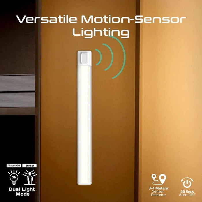 PROMATE 40cm Rechargeable Light Strip with Motion Sensor. 2000mAh Battery, Up to 3 Hours Always On, Built-in Hanging Hole, 20 Seconds Auto-Off, Includes USB-C Charging Cable.