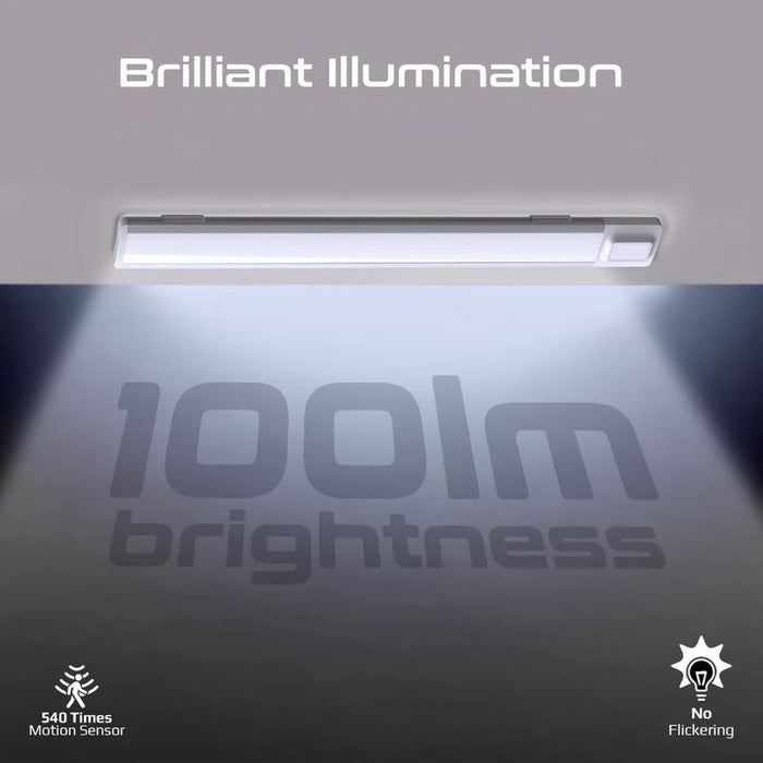 PROMATE 40cm Rechargeable Light Strip with Motion Sensor. 2000mAh Battery, Up to 3 Hours Always On, Built-in Hanging Hole, 20 Seconds Auto-Off, Includes USB-C Charging Cable.