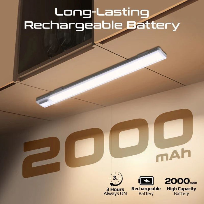 PROMATE 40cm Rechargeable Light Strip with Motion Sensor. 2000mAh Battery, Up to 3 Hours Always On, Built-in Hanging Hole, 20 Seconds Auto-Off, Includes USB-C Charging Cable.