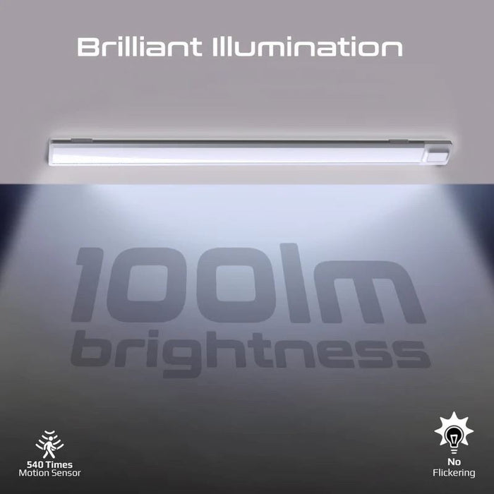 PROMATE 60cm Rechargeable Light Strip with Motion Sensor. 2000mAh Battery, Up to 3 Hours Always On, Built-in Hanging Hole, 20 Seconds Auto-Off, Includes USB-C Charging Cable.
