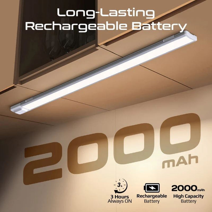 PROMATE 60cm Rechargeable Light Strip with Motion Sensor. 2000mAh Battery, Up to 3 Hours Always On, Built-in Hanging Hole, 20 Seconds Auto-Off, Includes USB-C Charging Cable.
