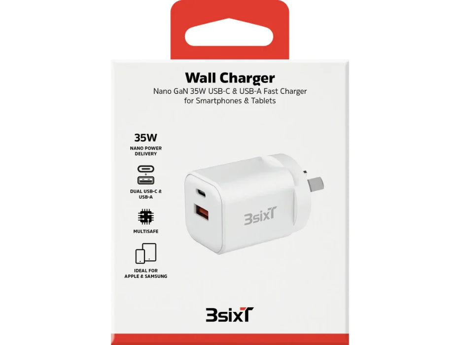 3sixT Wall Charger GaN 35W USB-C PD + QC27W USB-A(Max 15W)-W - LX2001 - Homewares, Outdoor, Phone Accessories, Cases, Speakers, Headphones + More -